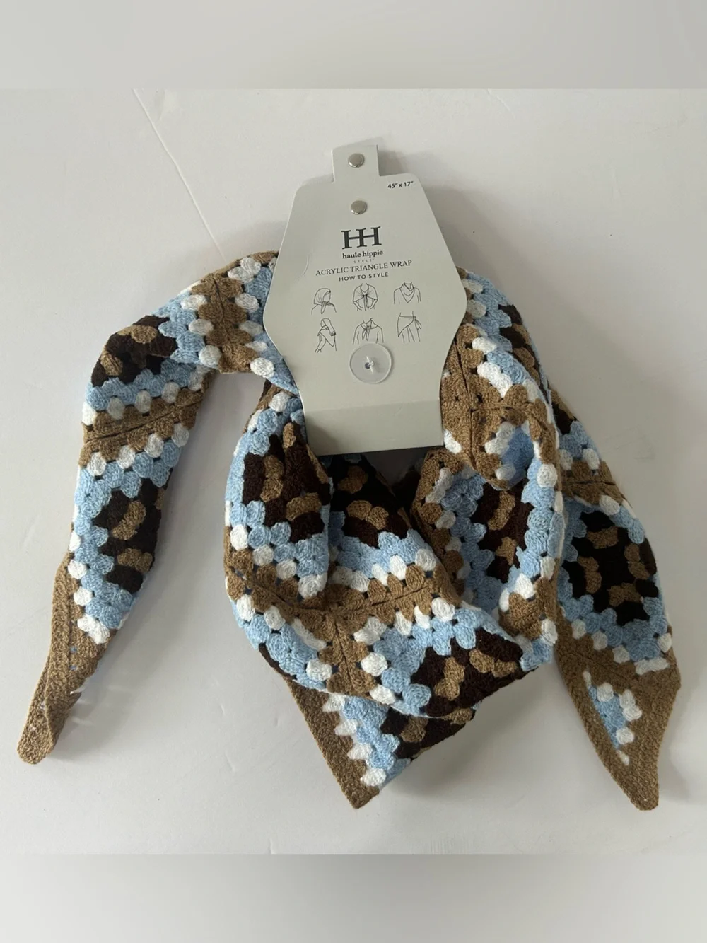 Haute Hippie Crochet Headband in Light Blue, Brown, and White